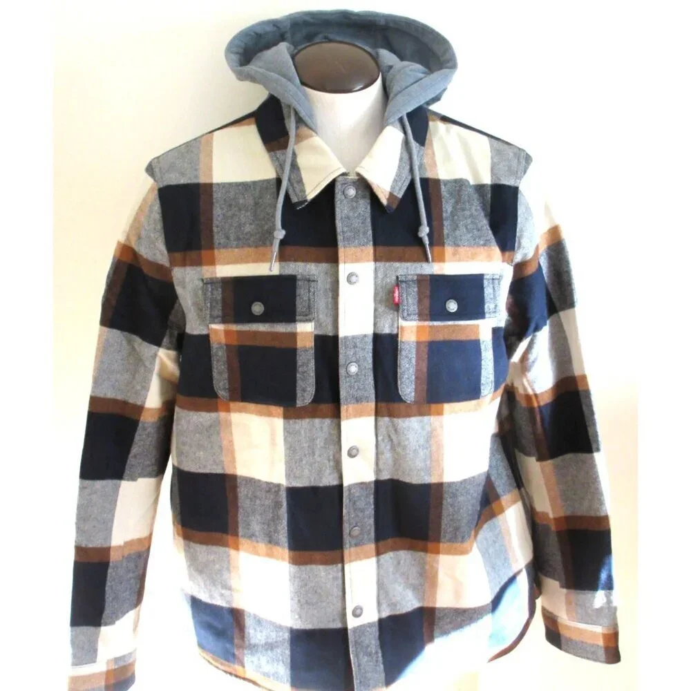 Levi's Men's Cotton Putty Brown Plaid Sherpa Lined Hooded Shirt Jacket NWT - Picture 6 of 8